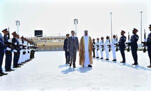 The Caretaker Prime Minister Anwaar-ul-Haq Kakar inspects the guard of honour at Wahat al Karama.