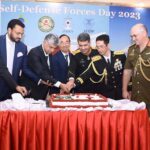 Caretaker Federal Minister for Information, Mutaza Solangi , Lt Gen Sarfraz Ahmed, HI(M), Ambassador of Japan to Pakistan, Mr. WADA Mitsuhiro along with other dignitries cutting cake as the Ambassador of Japan to Pakistan, Mr. WADA Mitsuhiro and Mrs. WADA Naoko hosted a reception to celebrate the 69th anniversary of the Japan Self-Defense Forces(JSDF) Day. Defense Attaché, Colonel ABE Kazuo represented the Japan Self-Defense Forces (JSDF) at the Embassy