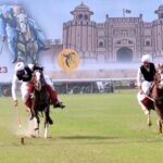 Horse riders aiming their target in the tent pegging competition at the inaugural ceremony of the Chief Minister Tent Pegging Championship 2023 "Lahore Lahore Aey" Festival organized by the Parks and Horticulture Authority at Fortress Stadium