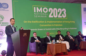 Special Assistant to PM on Maritime Affairs Vice Admiral (retired) Mr. Iftikhar Rao addressing at IMO Workshop under Integrated Technical Cooperation Program for Implementation of Hong Kong Convention, Pakistan in PC hotel.