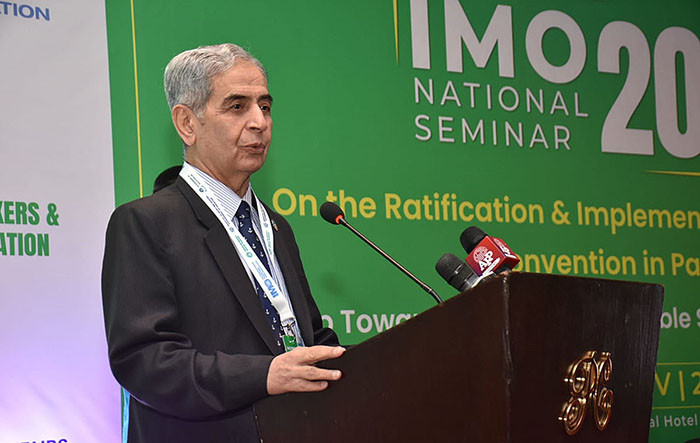 Special Assistant to PM on Maritime Affairs Vice Admiral (retired) Mr. Iftikhar Rao addressing at IMO Workshop under Integrated Technical Cooperation Program for Implementation of Hong Kong Convention, Pakistan in PC hotel.