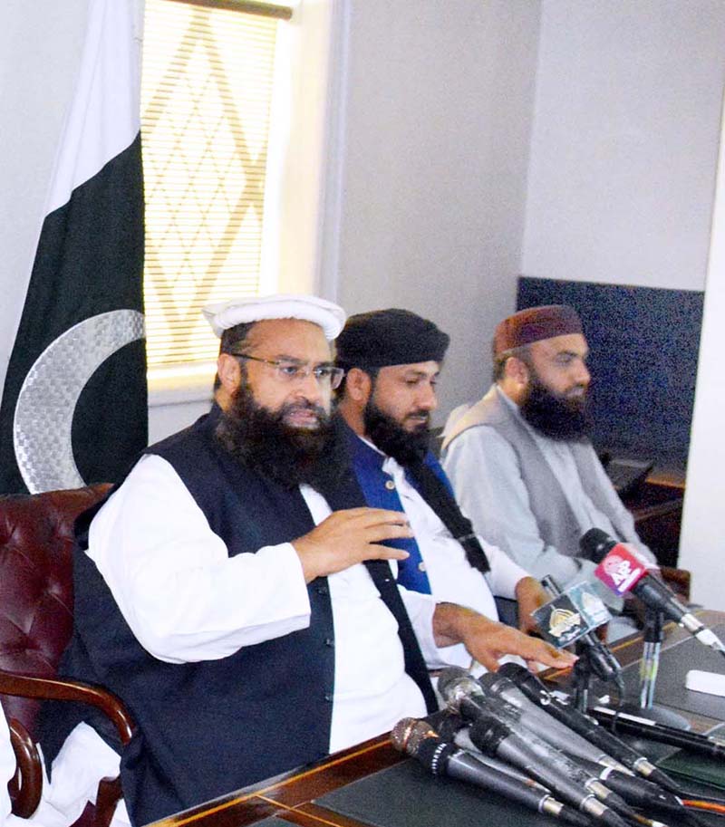 Special Representative to the Prime Minister for Religious Harmony & Islamic Countries and Chairman Pakistan Ullema Council, Hafiz Tahir Mahmood Ashrafi addressing a press conference