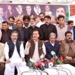 Former Prime Minister Syed Yusuf Raza Gilani addressing a press conference at Bilawal House