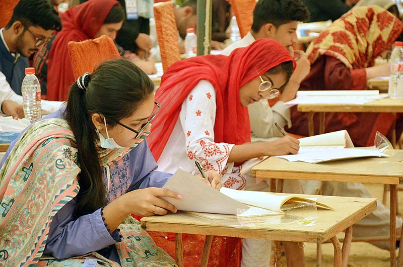 Students are solving their question papers during Pre entry test for admission in the Liaquat University of Medical & Health Sciences (LUMHS)