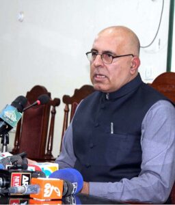 Caretaker Information Minister Jan Achakzai addressing a press conference at Press Club