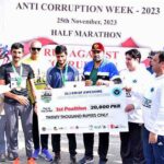 Winners receiving cheaque during prize distribution ceremony for Marathon Race organized by NAB Rawalpindi to commemorate Anti- Corruption Week
