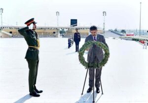 The Caretaker Prime Minister Anwaar-ul-Haq Kakar lays a floral wreath at Martyrs' memorial at Wahat al Karama