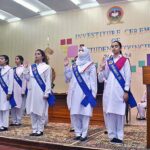 Chief Guest Vice Chancellor, University of Swabi Prof. Dr. Nasir Jamal Khattak administering oath to newly elected office bearers during investiture ceremony of Student Council 2023-24 of Islamabad Model College for Girls F-7/2