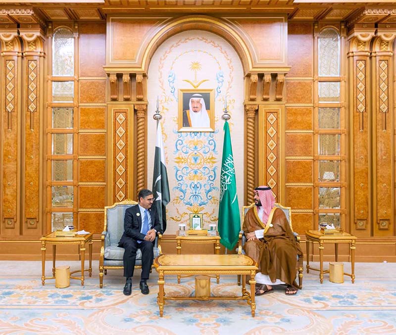 Anwaar-ul-Haq Kakar, Caretaker Prime Minister of Pakistan, meets His Royal Highness Prince Mohammed bin Salman bin Abdulaziz, Crown Prince and Prime Minister of the Kingdom of Saudi Arabia