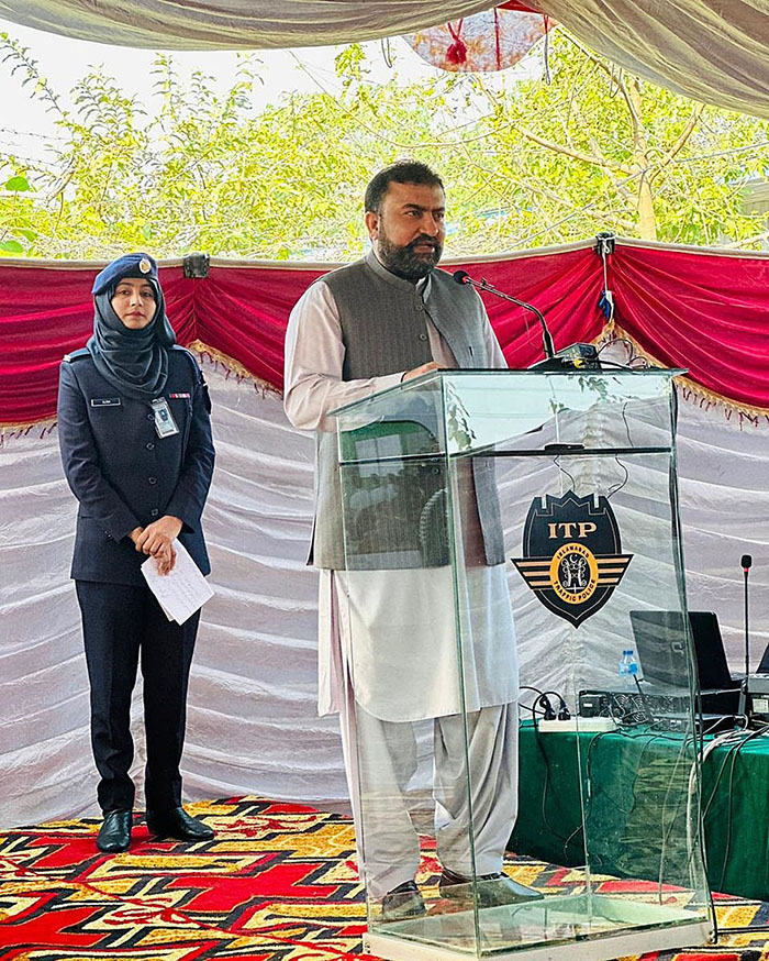 Caretaker Federal Minister for Interior Sarfraz Ahmed Bugti addressing the audience during the inauguration of the newly built Islamabad Traffic Police Headquarters.