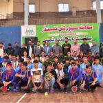 A group photo of Commissioner Sargodha Muhammad Ajmal Bhatti, Divisional Sports Officer Nesar-ul-Haq with players during the under 16 Inter District Badminton and Table Tennis Girls and Boys competition organized by Sports Department at Gymnasium