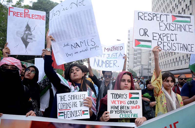 Students hold placards as they protest against the Israel and to show support for the people of Palestine at Karachi Press Club