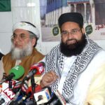 Special Assistant to Prime Minister on Interfaith Harmony Maulana Tahir Ashrafi addressing to media during Palestine Solidarity Seminar at Jamia Manzoorul Islamia Cantt