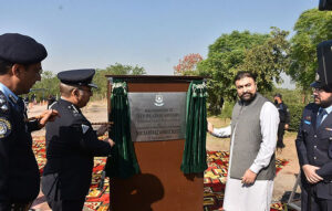 Caretaker Federal Minister for Interior Sarfraz Ahmed Bugti addressing the audience during the inauguration of the newly built Islamabad Traffic Police Headquarters.