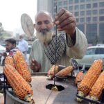 An elderly man cooks corn combs at his cart along the road