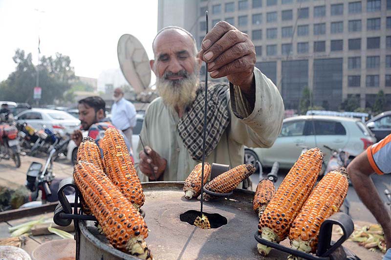 An elderly man cooks corn combs at his cart along the road
