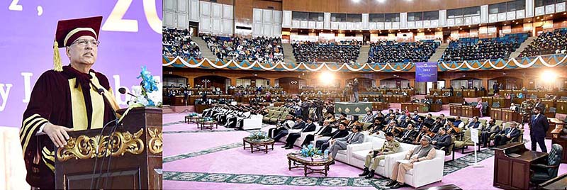 President Dr. Arif Alvi giving away degrees and certificates to graduating students at the 26th Convocation ceremony of the COMSATS University