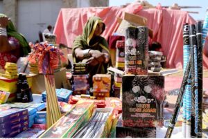 Vendors displaying the fireworks stuff to attract the customers in connection with Hindu festival Dewali at Market Road.