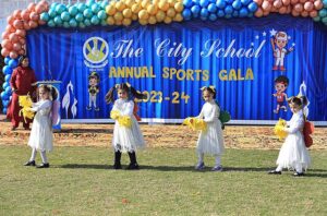 Children participating in running competition during Annual Sports Gala 2023-24 of The City School at Hayatabad Sports Complex