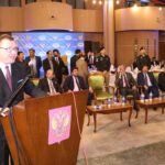 Consul General of Russian Federation Karachi Andrey V. Fedorov addressing during the People's Unity Day Ceremony at the Russian Consulate. Governor Sindh Kamran Khan Tessori, Caretaker Sindh Chief Minister Justice (R) Maqbool Baqar along with and others are also seen on the occasion