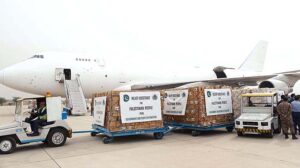 NDMA dispatches humanitarian relief assistance to war ravaged Gaza, Palestine. Caretaker Federal Minister for Foreign Affairs, Jalil Abbas Jillani and Caretaker Federal Minister for Human Rights, Khalil George sent off second tranche to Gaza via Egypt from Islamabad International Airport