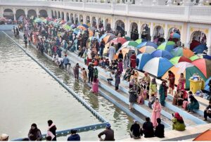 A large number of Sikh yatrees performing her religious rituals on the occasion of 554th birth anniversary of Guru Nanak Dev in Nankana Sahib, Guru Nanak was the founder of the religion of Sikhism and the first of ten Sikh Gurus. His birth is celebrated worldwide as Guru Nanak Gurpurab on Kartik Pooranmashi, the full-moon day in the month of Katak