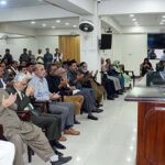 The participants are praying in the prayer ceremony held at the Press Information Department on the demise of the mother of Shafqat Abbas, Joint Secretary, Ministry of Information and Broadcasting.
