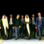 The Caretaker Prime Minister Anwaar-ul-Haq Kakar is being received by the Minister for Justice of the United Arab Emirates H.E. Abdullah Sultan bin Awad Al Nuaimi at Al Bateen Airport