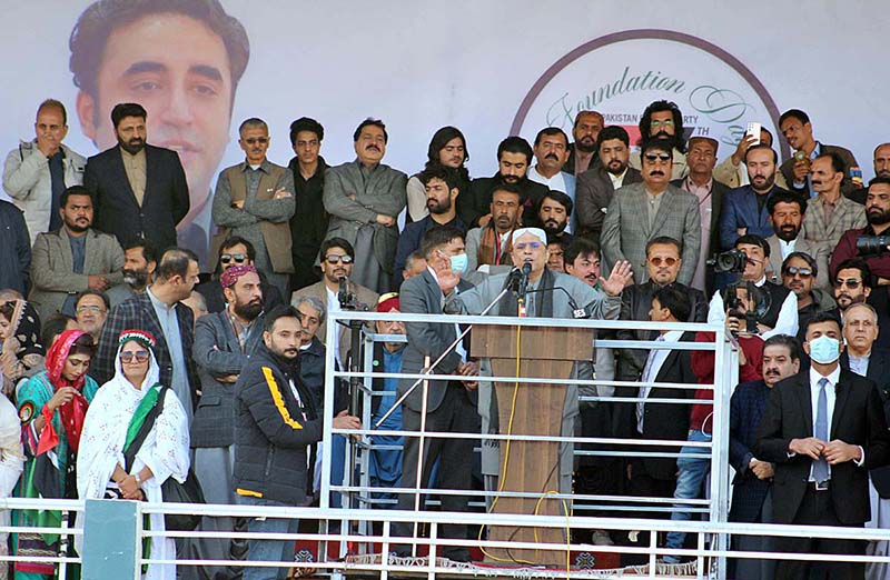 President of Pakistan People’s Party Parliamentarians, Asif Ali Zardari addressing to a public rally to marks the 56th Foundation Day ( Youm-e-Tasees)