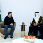 The Caretaker Prime Minister Anwaar-ul-Haq Kakar is being received by the Minister for Justice of the United Arab Emirates H.E. Abdullah Sultan bin Awad Al Nuaimi at Al Bateen Airport.