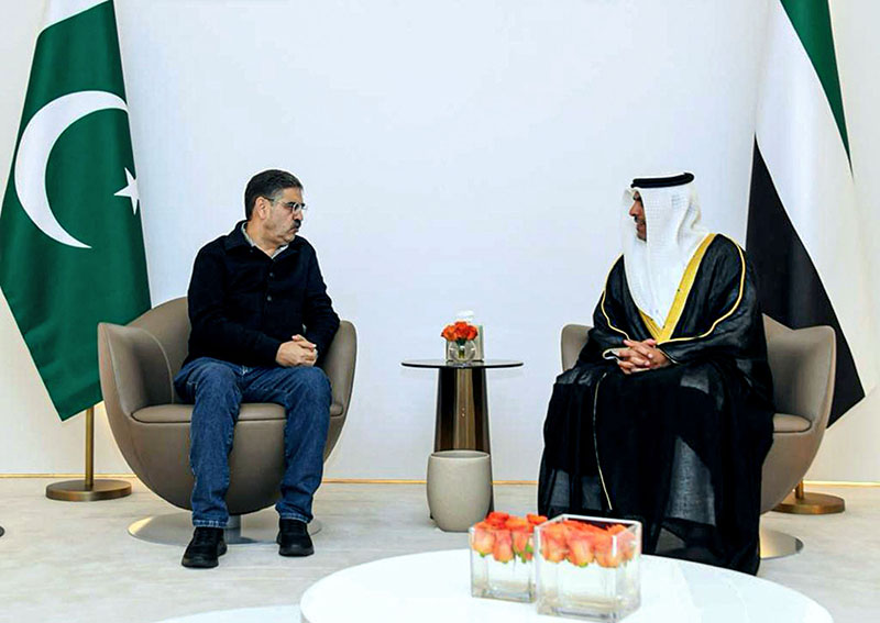 The Caretaker Prime Minister Anwaar-ul-Haq Kakar is being received by the Minister for Justice of the United Arab Emirates H.E. Abdullah Sultan bin Awad Al Nuaimi at Al Bateen Airport.