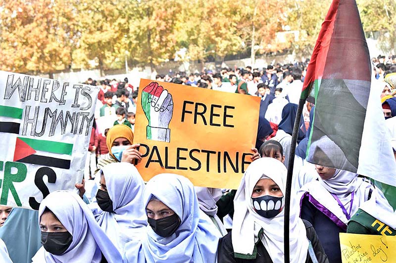 Students of different Schools and Colleges hold placards during a pro-Palestinian rally organized by the Private Education Network Gilgit-Baltistan