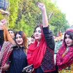 Women participants in a rally in connection with upcoming Sindhi Culture Day outside Press Club