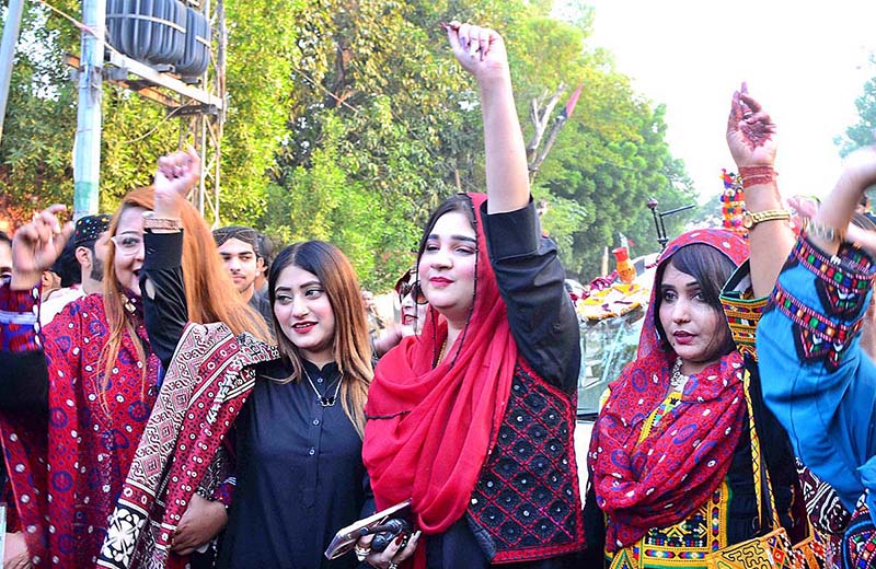 Women participants in a rally in connection with upcoming Sindhi Culture Day outside Press Club