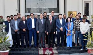 A group photo of H.E. Mr. Brahim Romani, the Ambassador of Algeria to Pakistan, President Abdul Gafoor Malik with exporters at Sialkot Chamber of Commerce and Industry (SCCI)