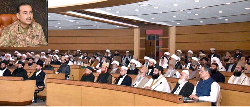 Chief of Army Staff (COAS), General Syed Asim Munir, NI (M), addressing the leading Islamic Scholars (Ulema o Mashaikh) of all schools of thought, interacted at GHQ