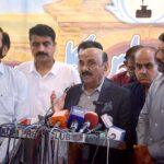 Caretaker Minister for Local Govt, Housing Town Planning & Rehabilitation Mubeen Jumani addresses media persons at Karachi Press Club