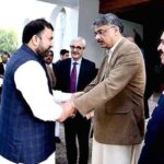 Caretaker Federal Minister for Interior Sarfraz Ahmed Bugti being welcome by Prime Minister of Azad Jammu and Kashmir Chaudhry Anwar ul Haq