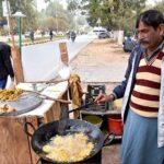 A vendor frying and displaying fritters at G-7