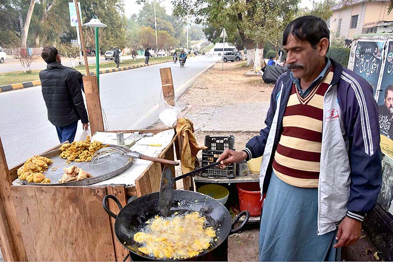 A vendor frying and displaying fritters at G-7
