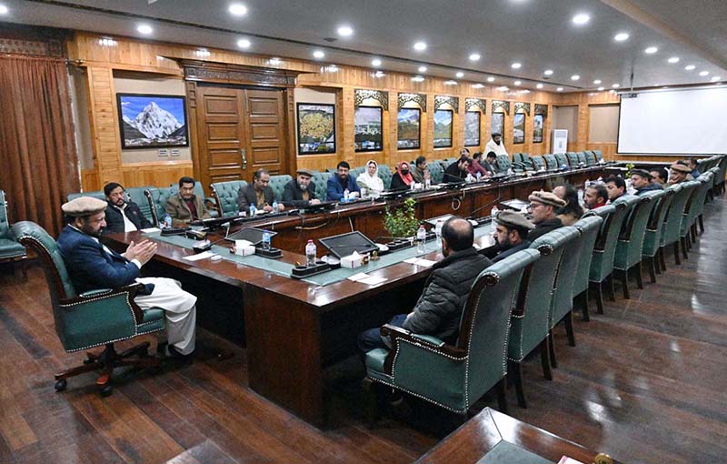 Chief Minister Gilgit-Baltistan Haji Gulbar Khan chairing a meeting with the Provincial Ministers and Awami Action Committee regarding the issue of subsidized wheat at CM Secretariat