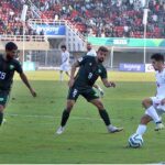 Players in action during 2026 FIFA World Cup qualifier football match between Pakistan and Tajikistan at Jinnah Sports Stadium