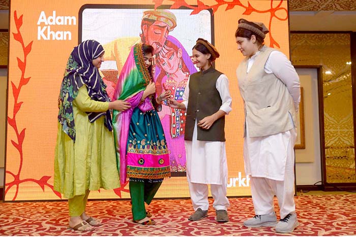 Female students performing a drama during the closing ceremony of Dosti Peshawar Women’s Literature Festival.