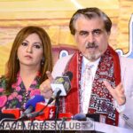 Federal Minister for National Heritage and Culture Syed Jamal Shah talking to media during his visit at Karachi Press Club