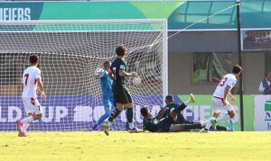 Players in action during 2026 FIFA World Cup qualifier football match between Pakistan and Tajikistan at Jinnah Sports Stadium