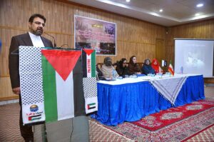 Director General of Khana Farhang Iran Dr. Hussain Chaqmi addressing during an exhibition & conference held at Khana Farhang Iran in connection with International day of violence against women and highlighted plights of women and children in Gaza. 