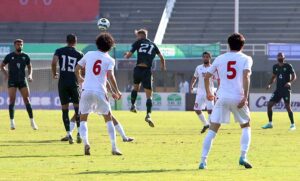 Players in action during 2026 FIFA World Cup qualifier football match between Pakistan and Tajikistan at Jinnah Sports Stadium