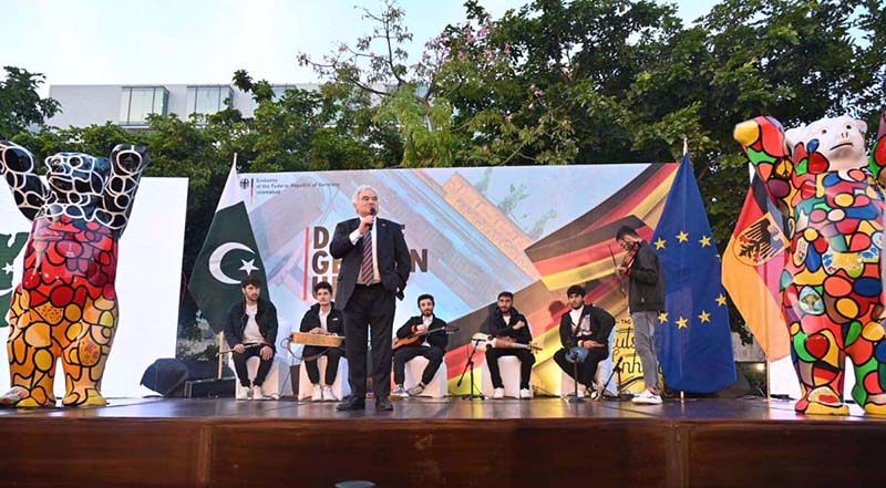 German Ambassador to Pakistan Alfred Grannas addresses the audience during the German Unity Day 2023 celebrated by German Embassy in a local hotel.