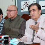 Caretaker Health Minister Ameer Mohammad Jogezai and Information Minister Jan Achakzai address a press conference at Quetta Press Club regarding Afghan Refugees and Congo Virus