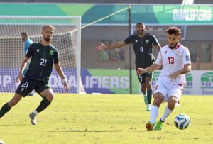 Players in action during 2026 FIFA World Cup qualifier football match between Pakistan and Tajikistan at Jinnah Sports Stadium